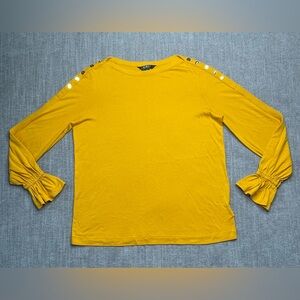 Ralph Lauren Gold Mustard Yellow Ruffle Long Sleeve Knit Top Shirt Blouse Size S